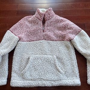 Love Free White & Pink Sherpa Pullover, size large